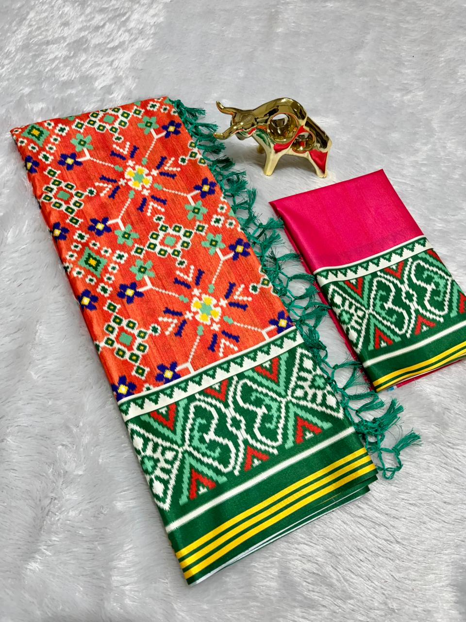 Orange Soft Silk Saree with Patola Digital Prints & Tassel Pallu