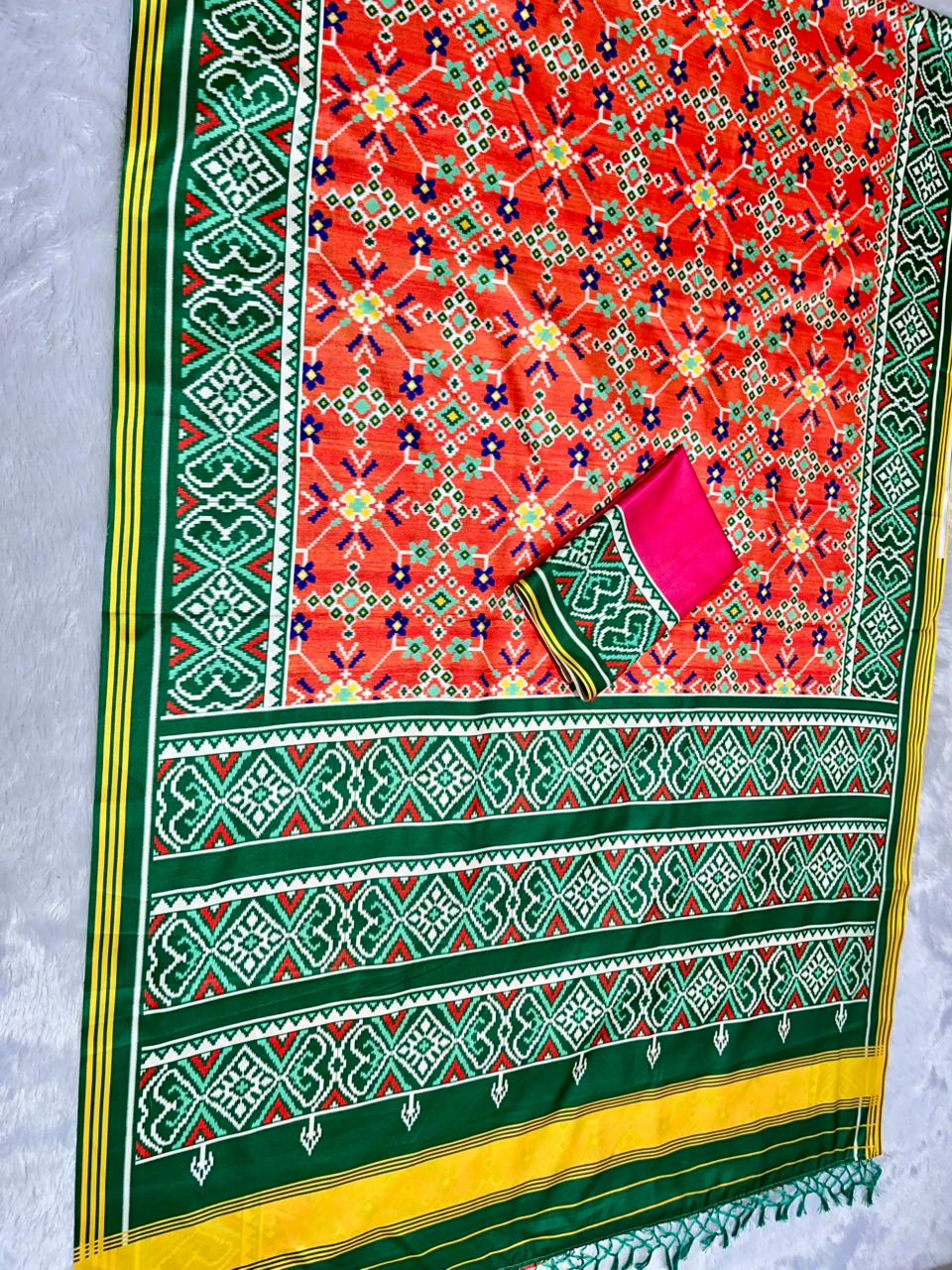 Orange Soft Silk Saree with Patola Digital Prints & Tassel Pallu