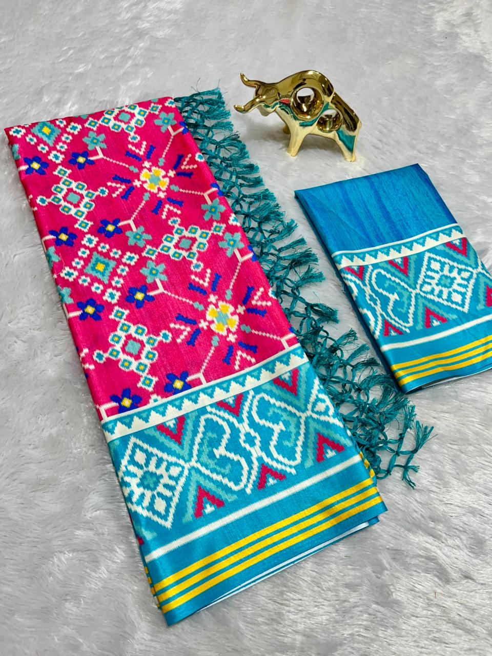 Pink Soft Silk Saree with Patola Digital Prints & Tassel Pallu