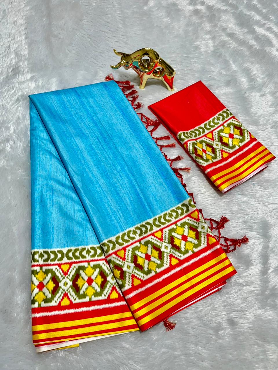 Blue Soft Silk Saree with Patola Digital Prints & Tassel Pallu