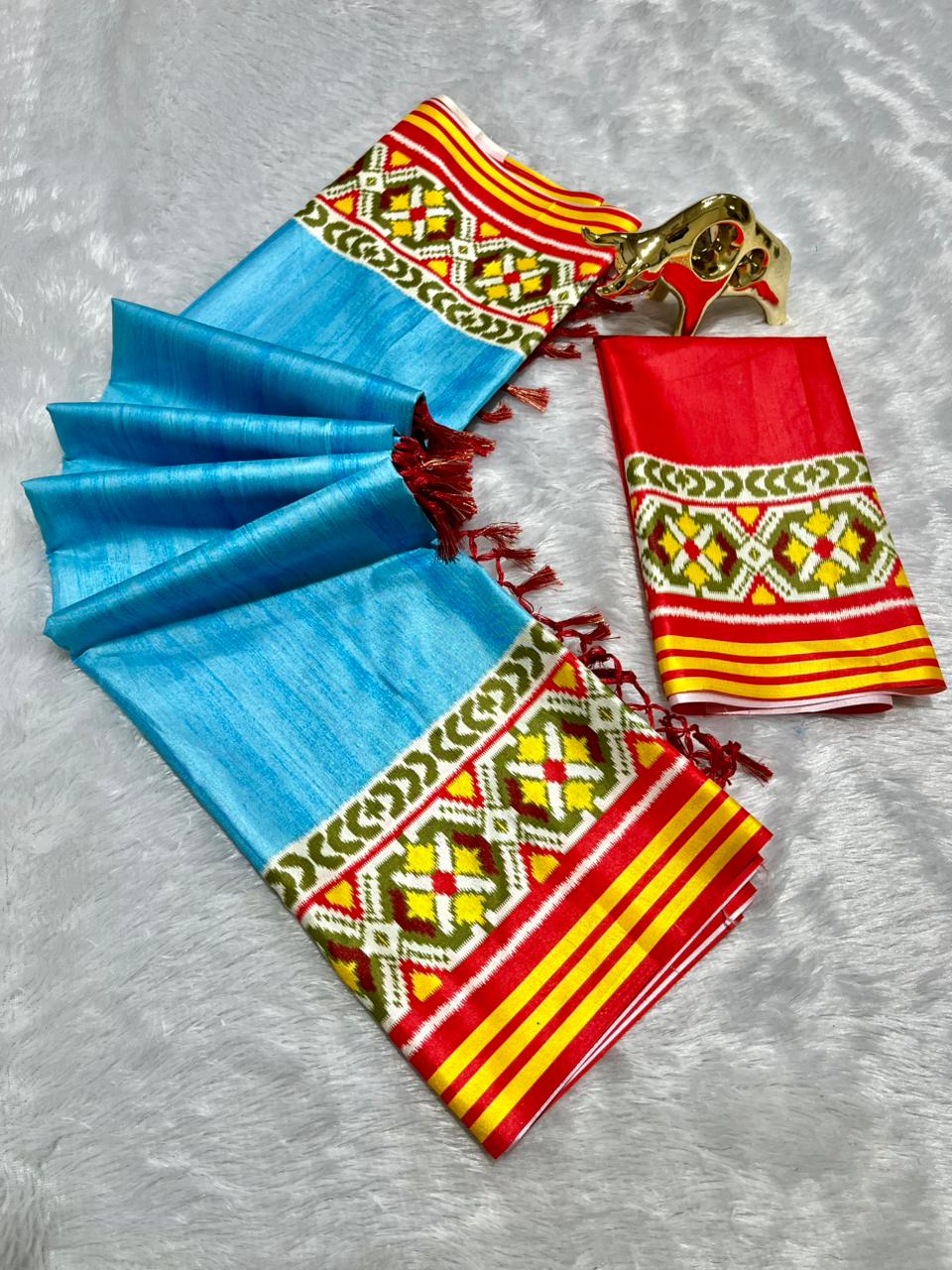 Blue Soft Silk Saree with Patola Digital Prints & Tassel Pallu