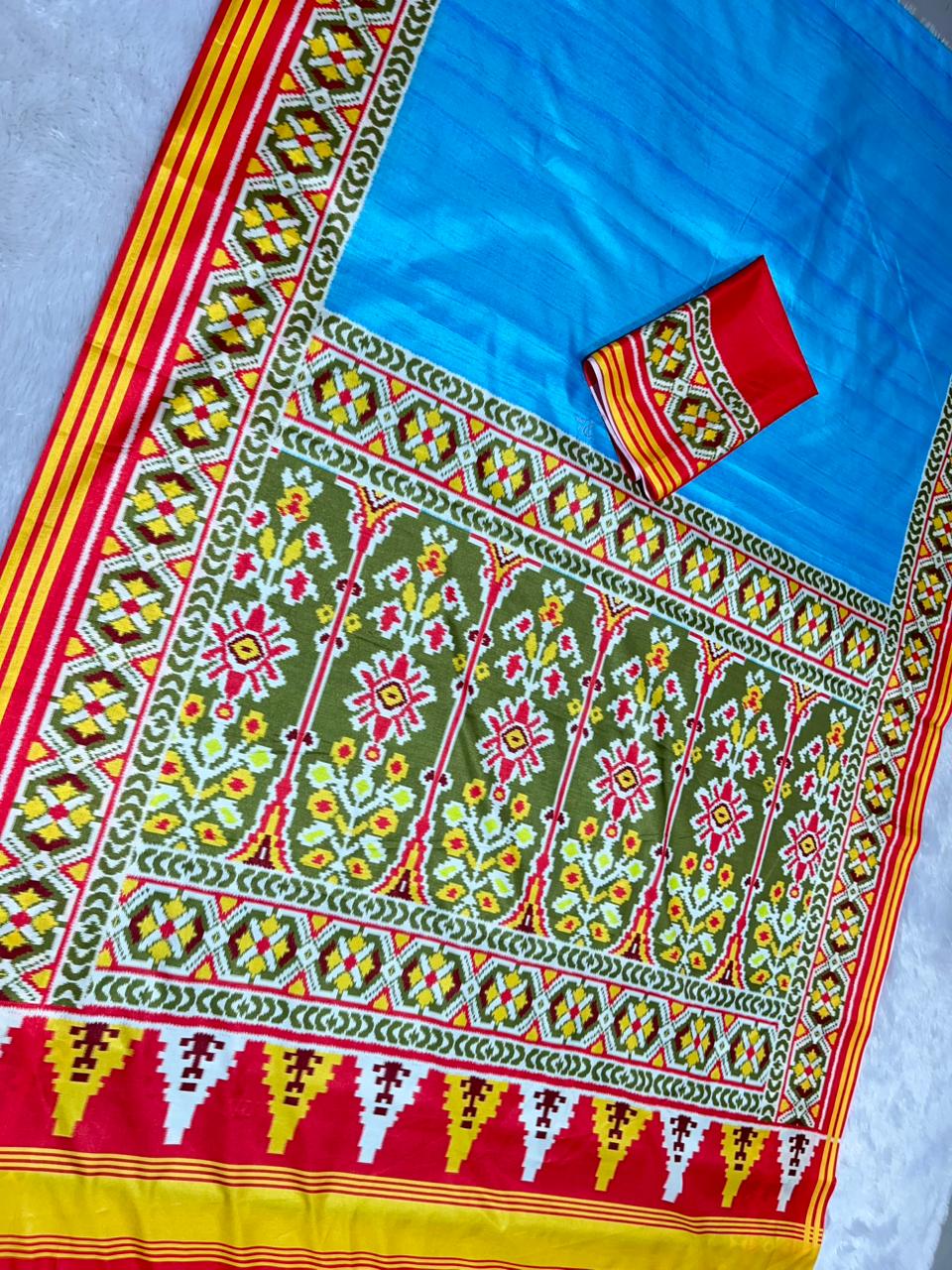 Blue Soft Silk Saree with Patola Digital Prints & Tassel Pallu