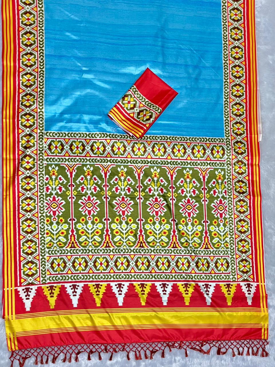 Blue Soft Silk Saree with Patola Digital Prints & Tassel Pallu