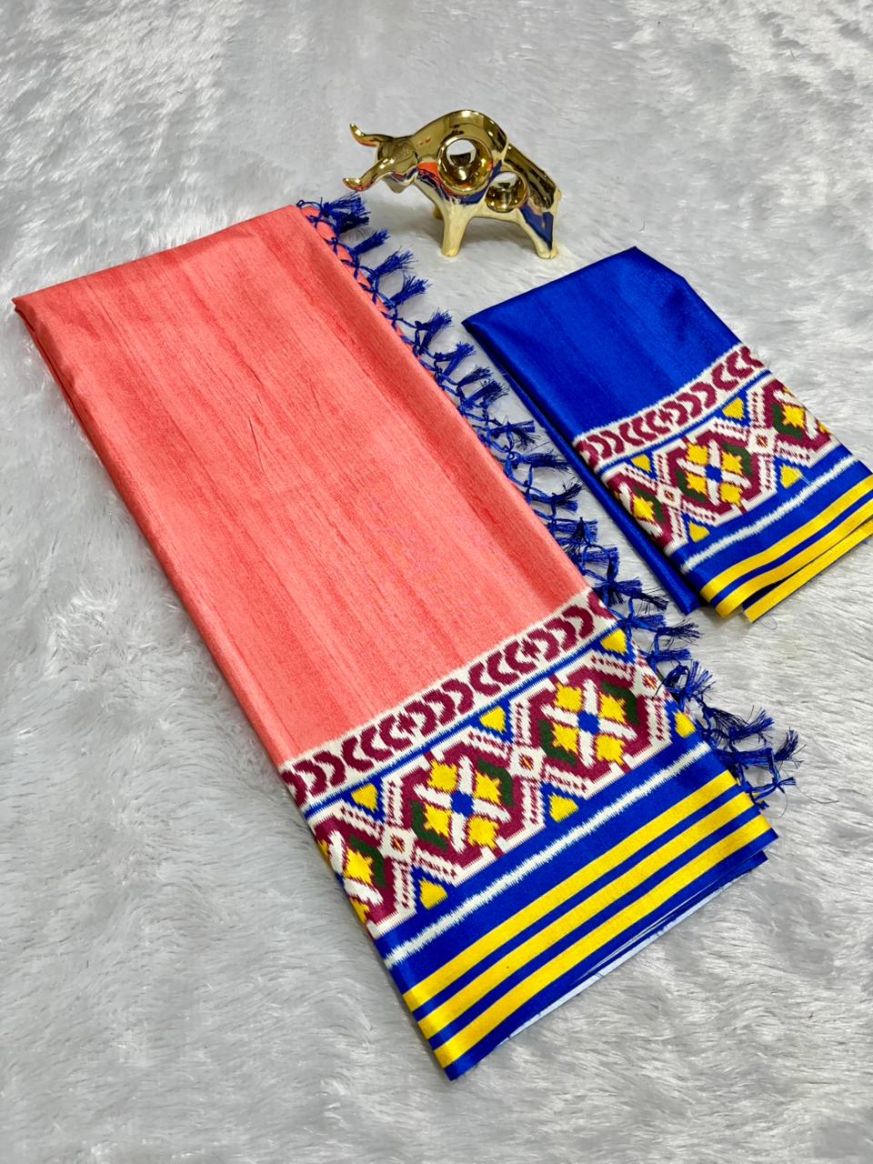 Peach Soft Silk Saree with Patola Digital Prints & Tassel Pallu