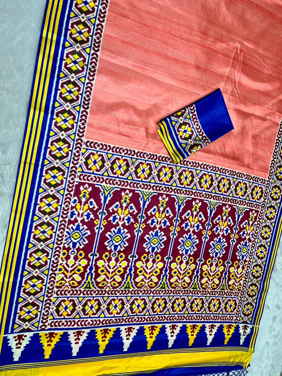 Peach Soft Silk Saree with Patola Digital Prints & Tassel Pallu