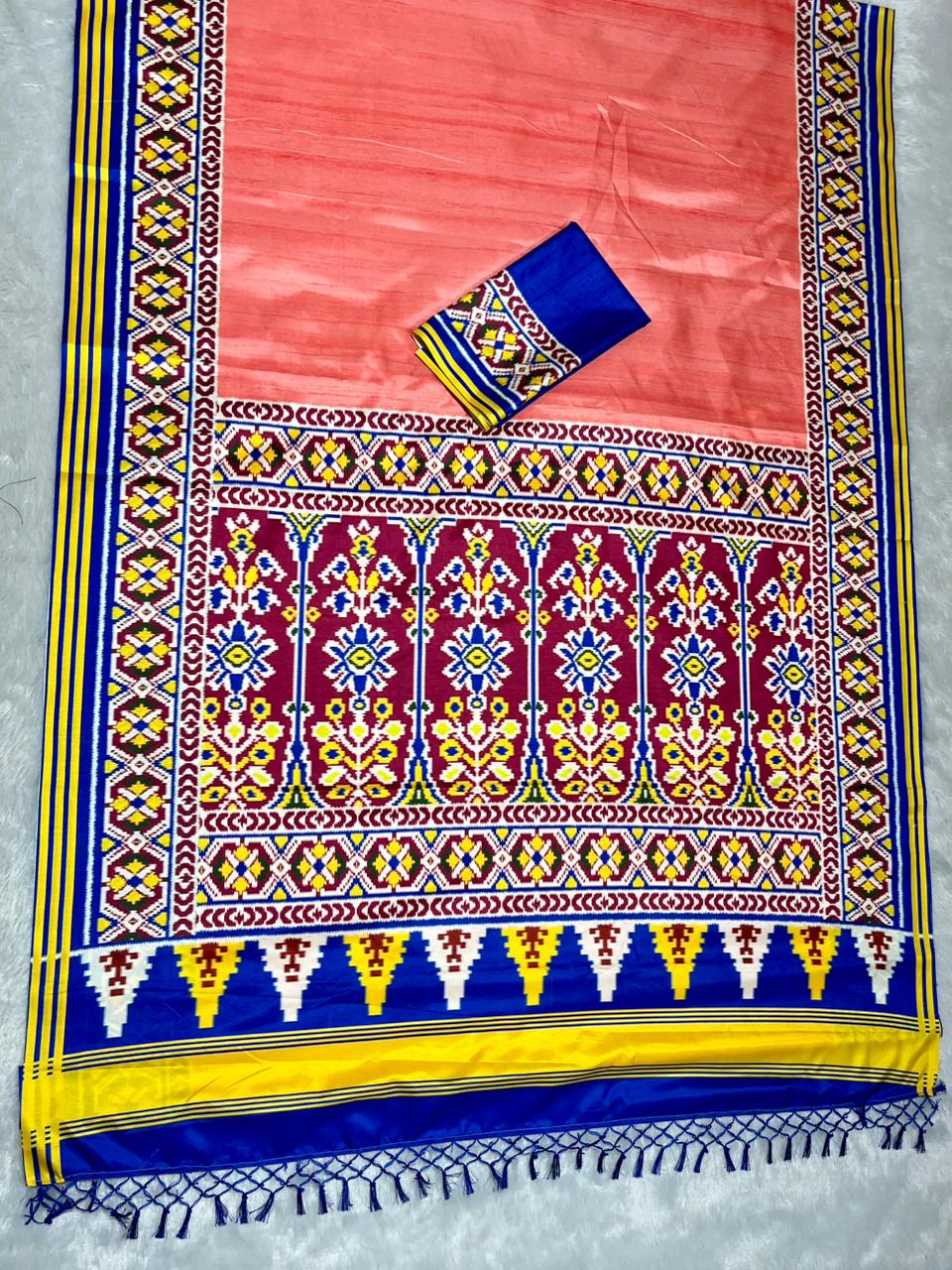 Peach Soft Silk Saree with Patola Digital Prints & Tassel Pallu