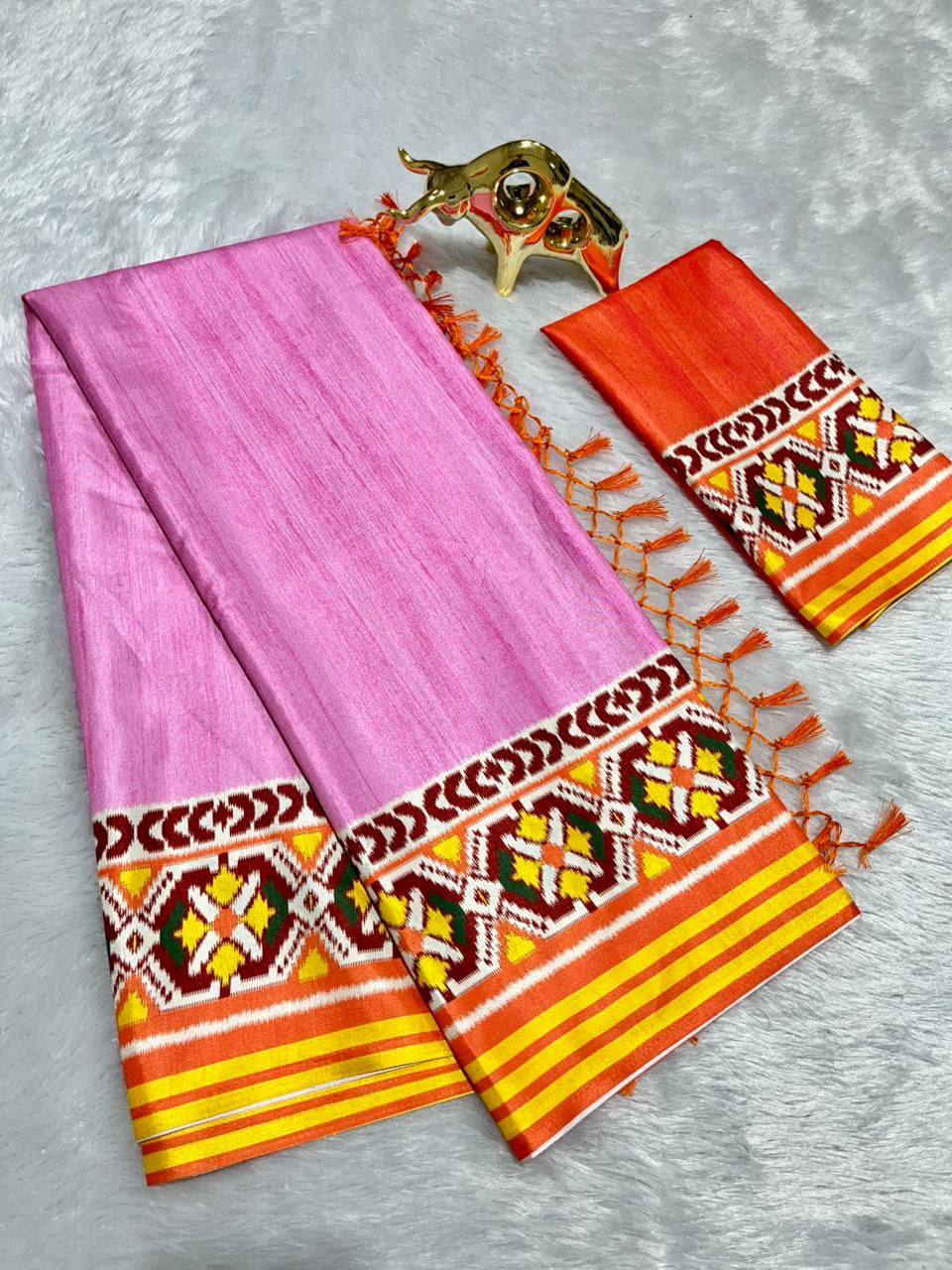 Pink Soft Silk Saree with Patola Digital Prints & Tassel Pallu