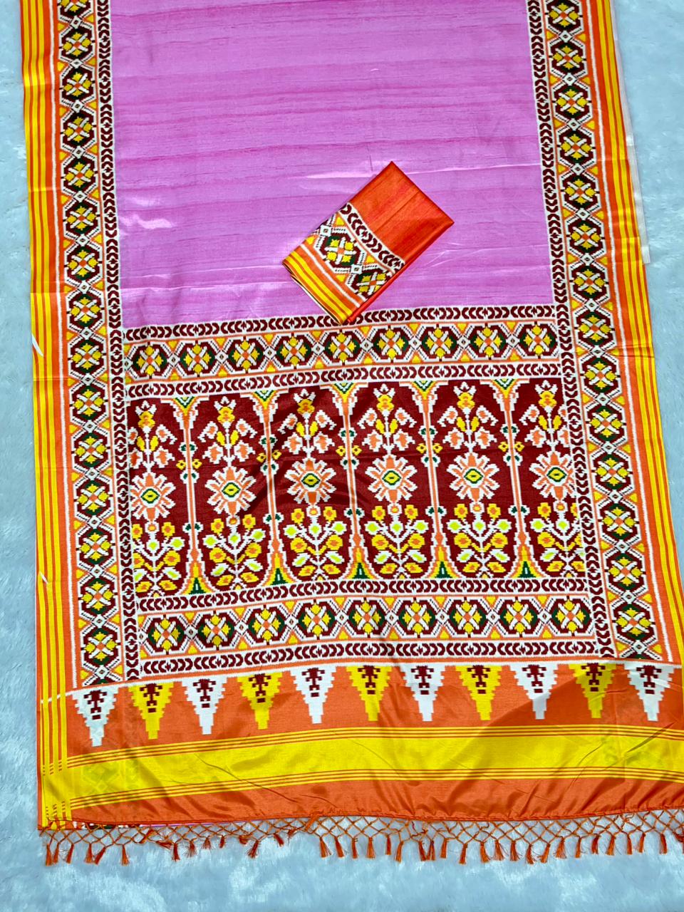 Pink Soft Silk Saree with Patola Digital Prints & Tassel Pallu