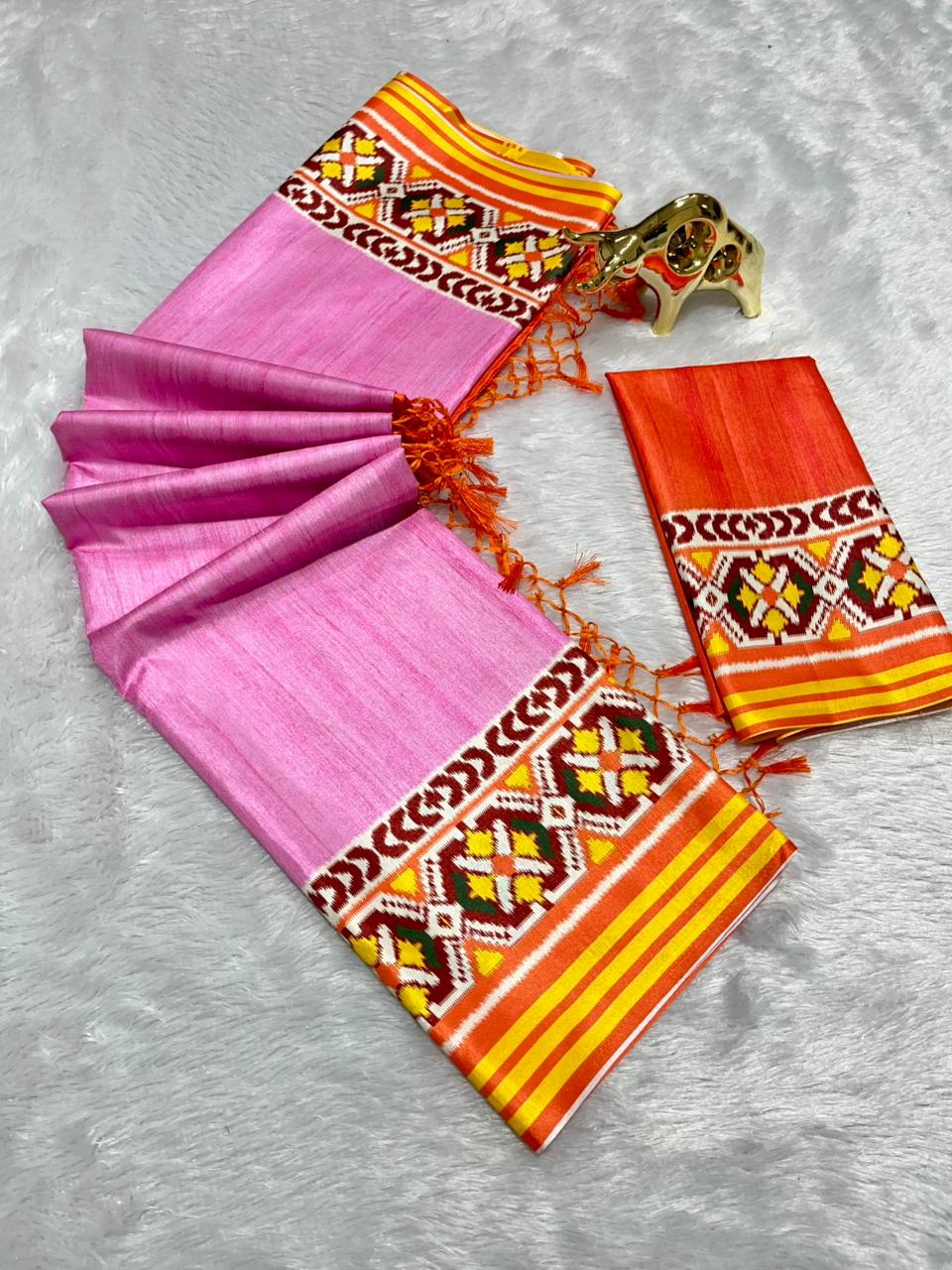 Pink Soft Silk Saree with Patola Digital Prints & Tassel Pallu