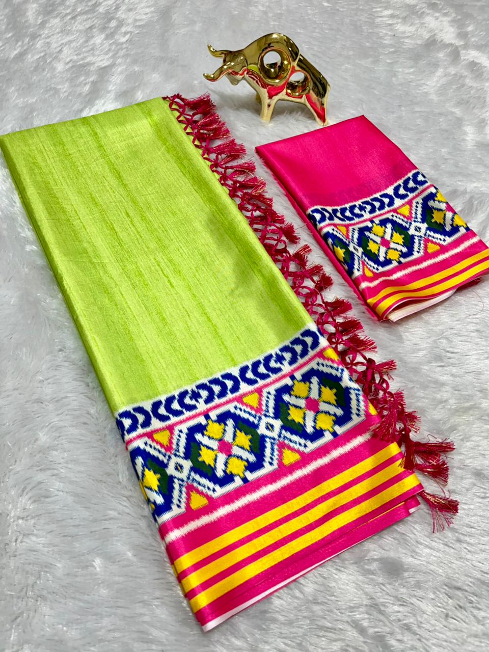 Green Soft Silk Saree with Patola Digital Prints & Tassel Pallu