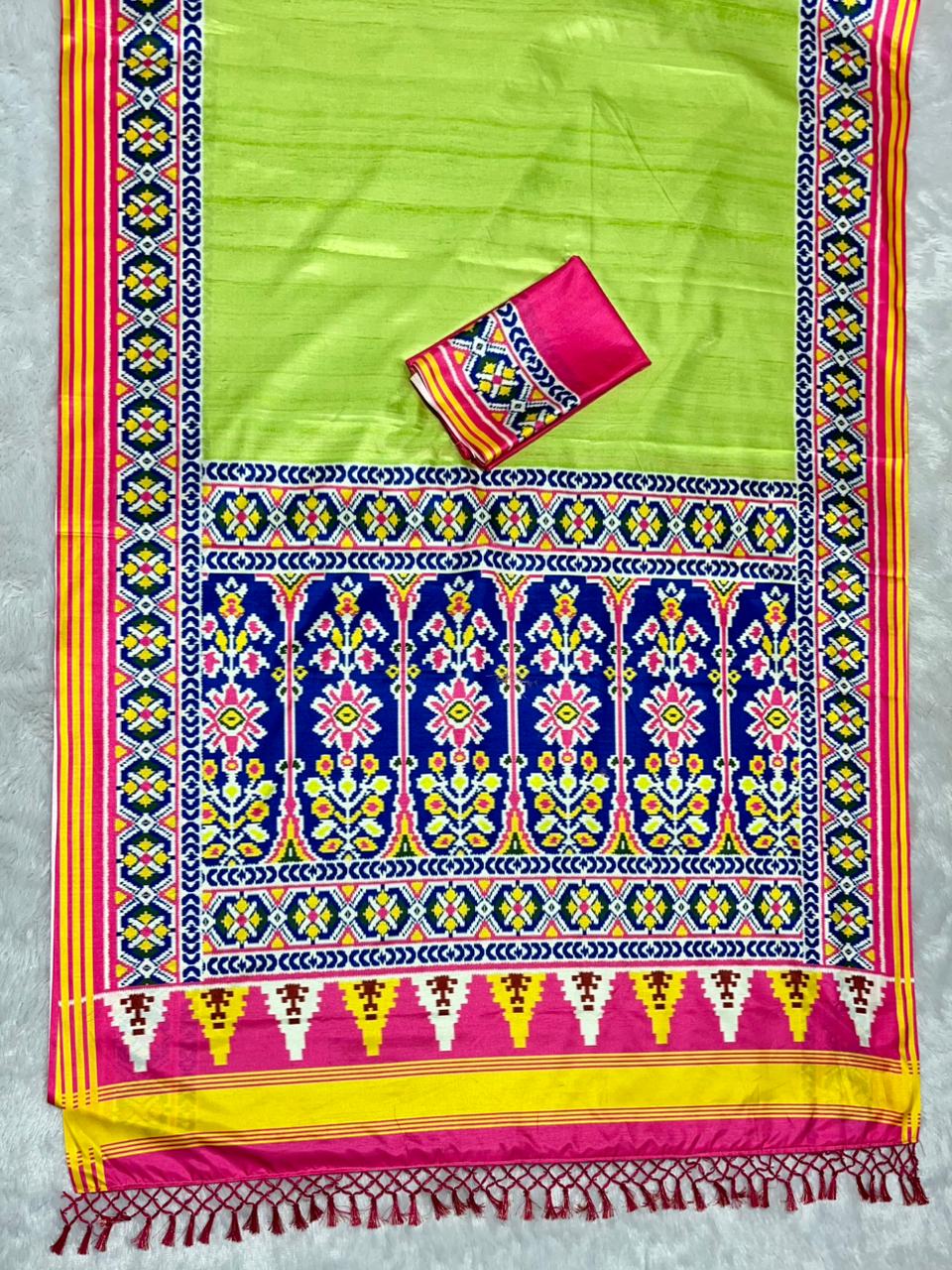 Green Soft Silk Saree with Patola Digital Prints & Tassel Pallu