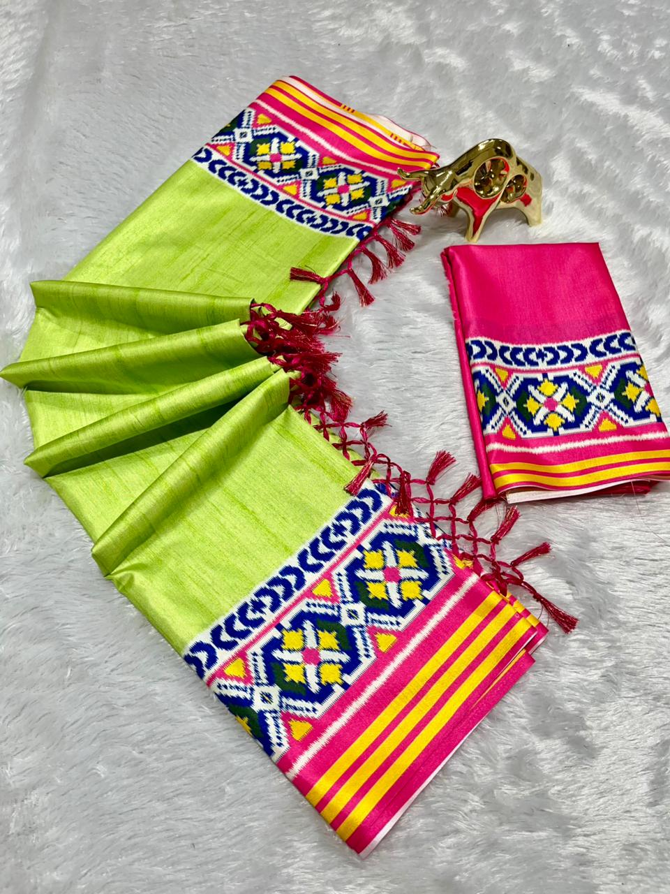 Green Soft Silk Saree with Patola Digital Prints & Tassel Pallu