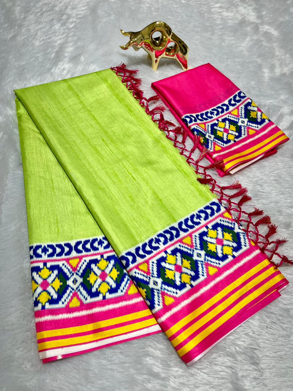 Green Soft Silk Saree with Patola Digital Prints & Tassel Pallu