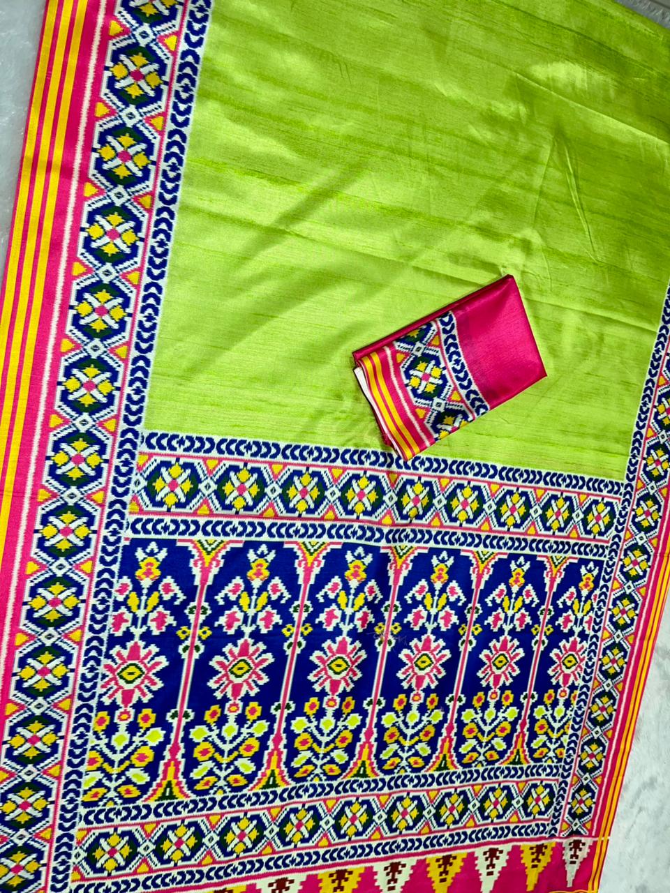 Green Soft Silk Saree with Patola Digital Prints & Tassel Pallu