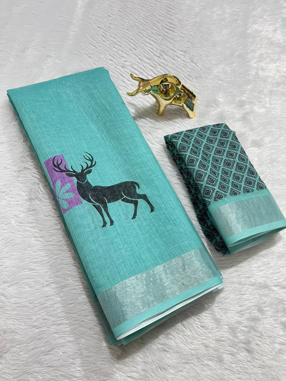 Linen Cotton Saree with Silver Zari Border & Deer Digital Print
