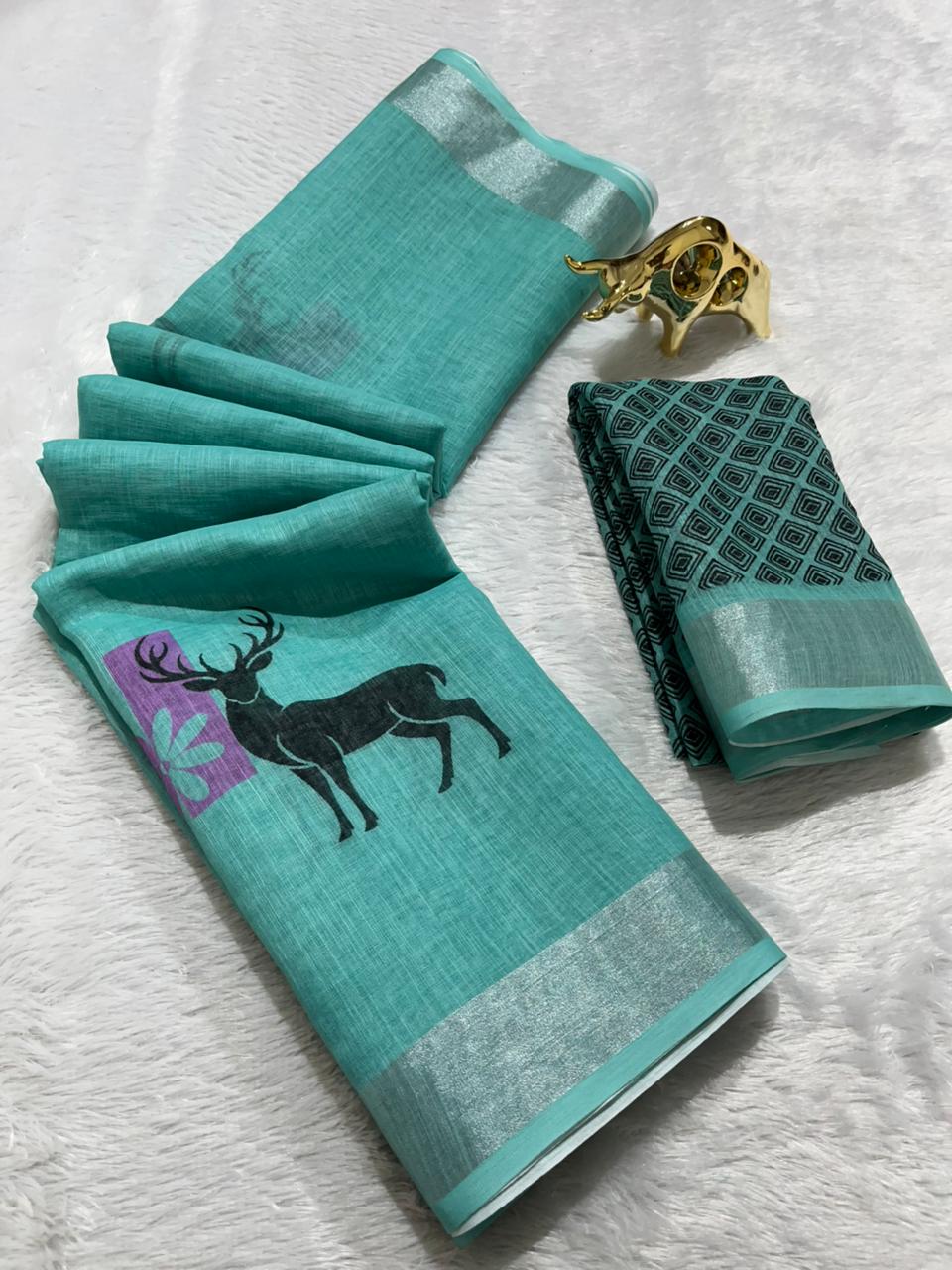 Linen Cotton Saree with Silver Zari Border & Deer Digital Print