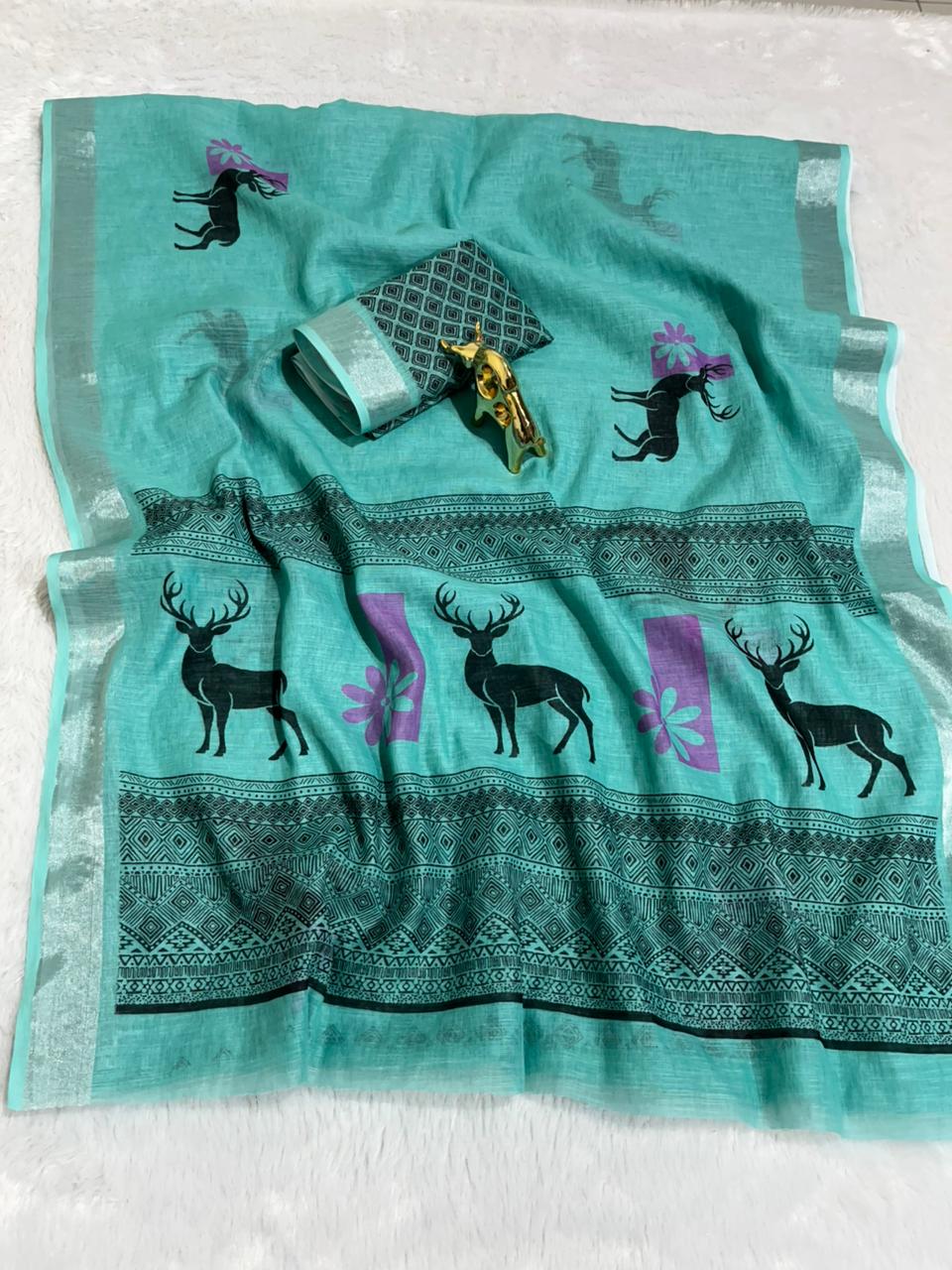 Linen Cotton Saree with Silver Zari Border & Deer Digital Print