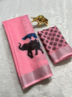 Linen Cotton Saree with Silver Zari Border & Elephant Digital Print