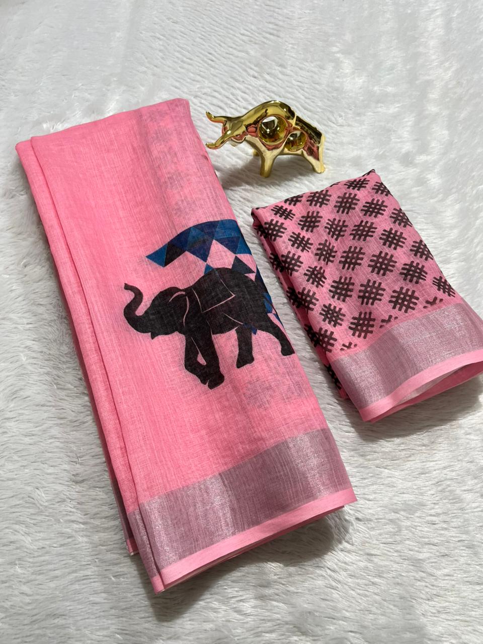 Linen Cotton Saree with Silver Zari Border & Elephant Digital Print