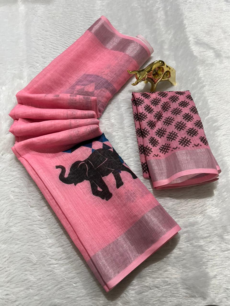 Linen Cotton Saree with Silver Zari Border & Elephant Digital Print