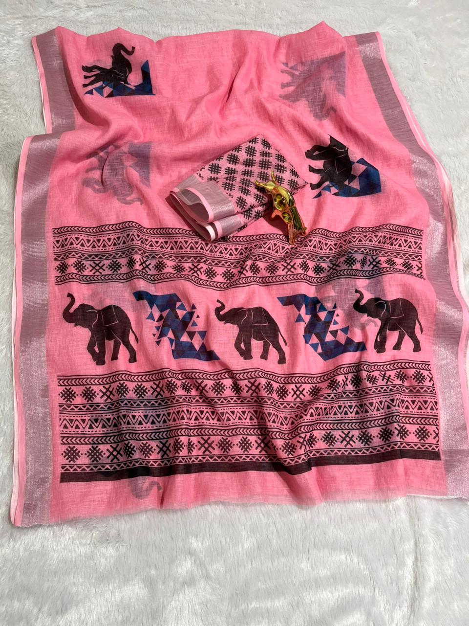 Linen Cotton Saree with Silver Zari Border & Elephant Digital Print