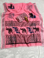 Linen Cotton Saree with Silver Zari Border & Elephant Digital Print