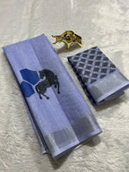 Linen Cotton Saree with Silver Zari Border & Horse Digital Print