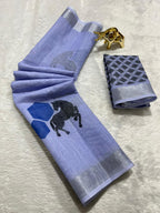 Linen Cotton Saree with Silver Zari Border & Horse Digital Print
