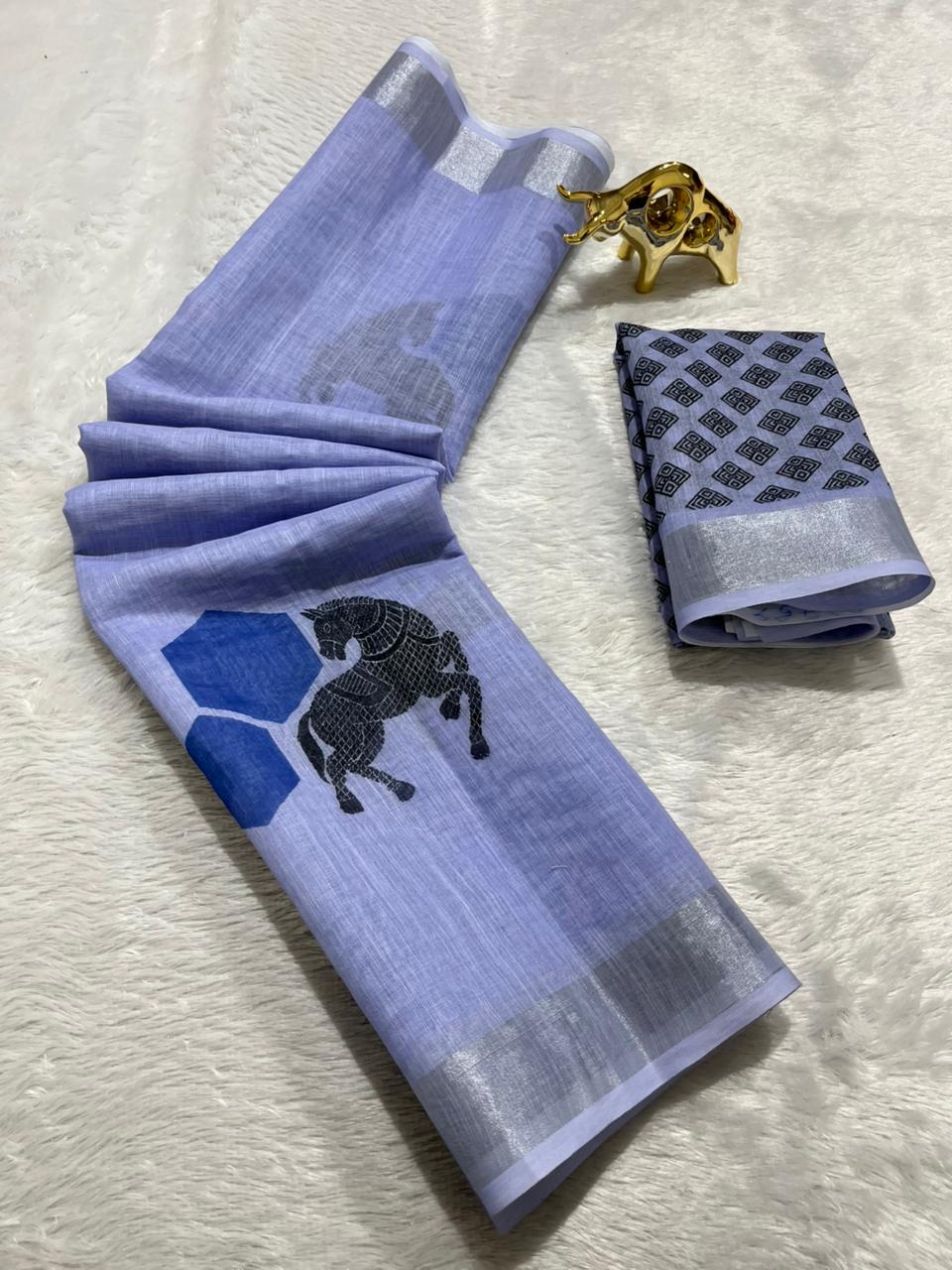 Linen Cotton Saree with Silver Zari Border & Horse Digital Print