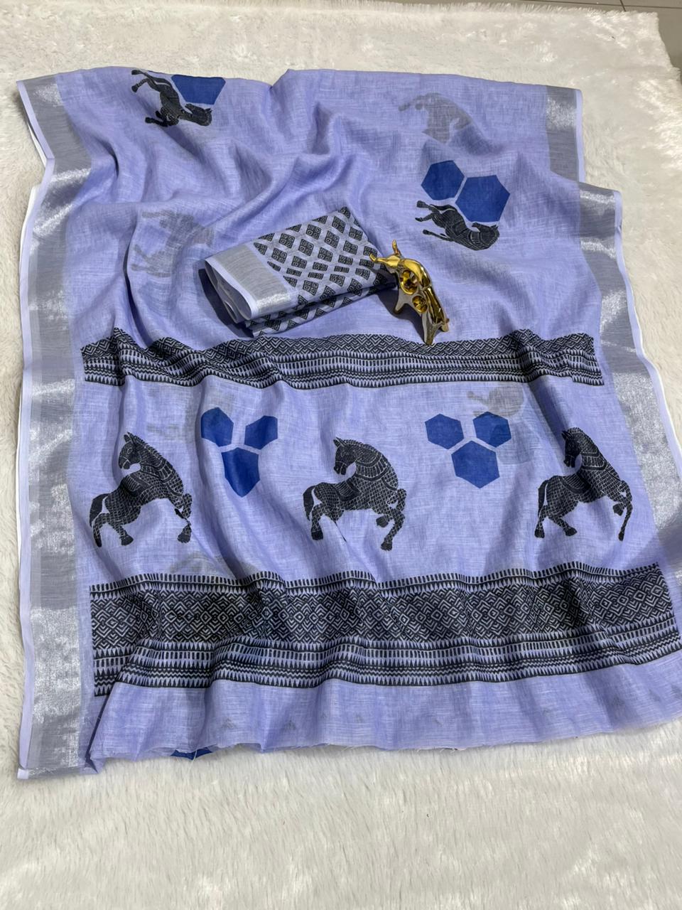 Linen Cotton Saree with Silver Zari Border & Horse Digital Print