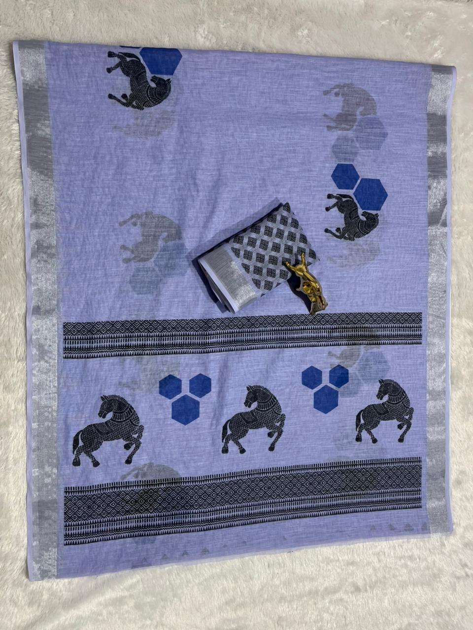 Linen Cotton Saree with Silver Zari Border & Horse Digital Print