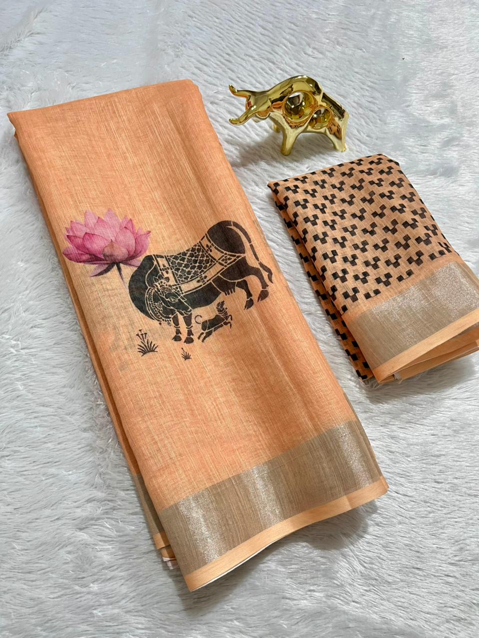 Linen Cotton Saree with Silver Zari Border & Cow Digital Print