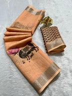 Linen Cotton Saree with Silver Zari Border & Cow Digital Print