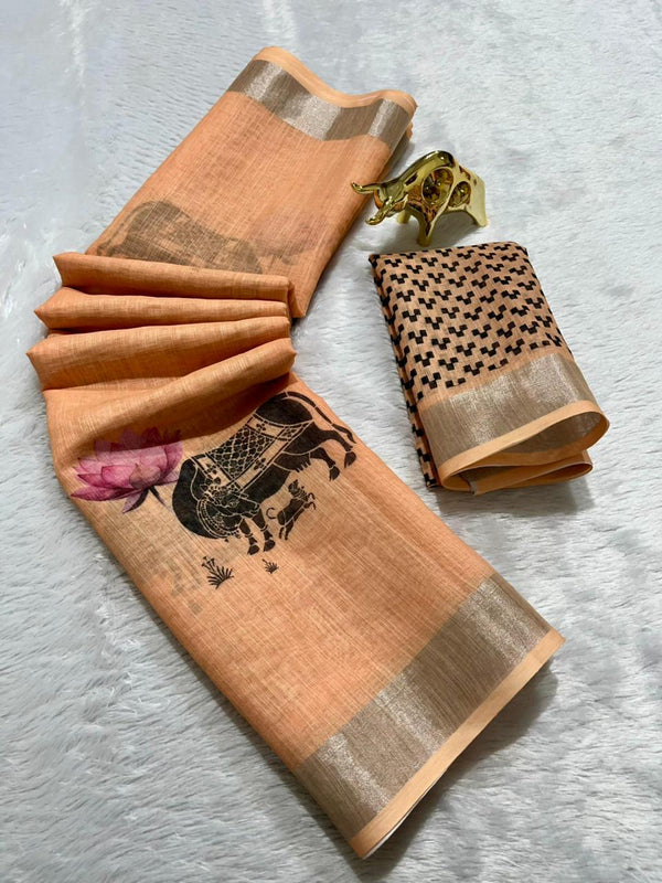 Linen Cotton Saree with Silver Zari Border & Cow Digital Print