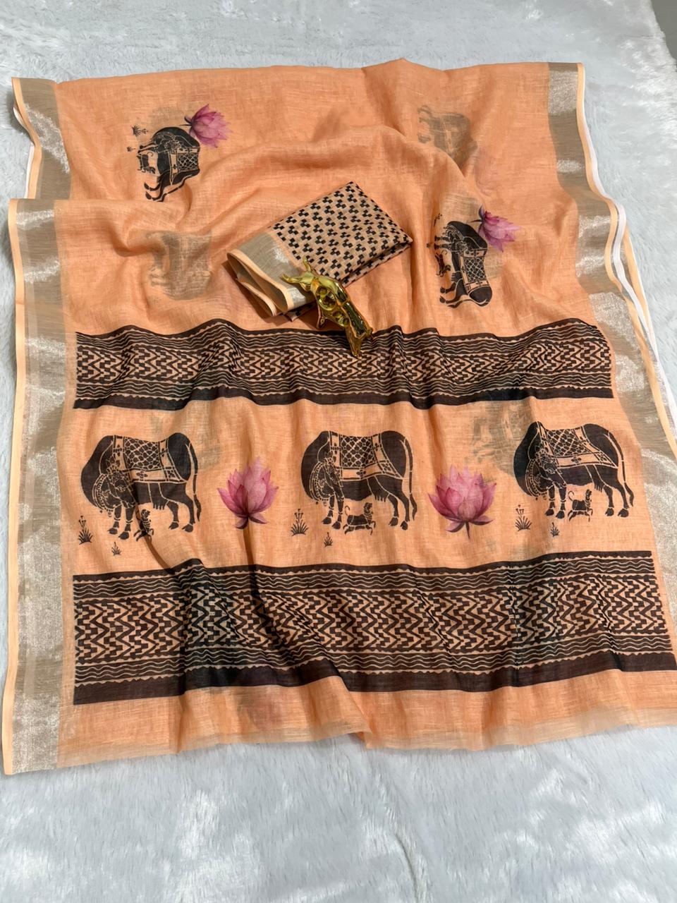 Linen Cotton Saree with Silver Zari Border & Cow Digital Print