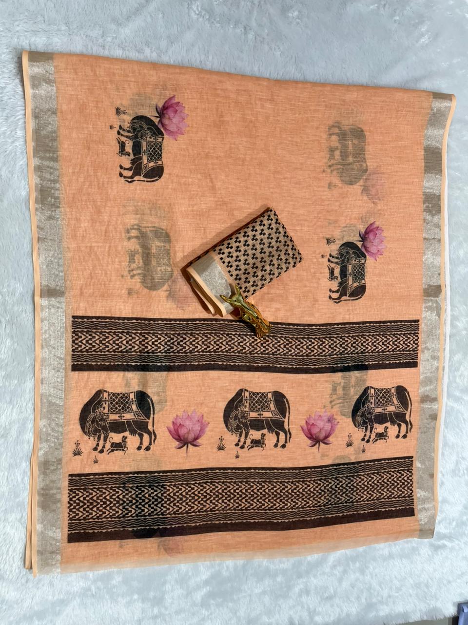 Linen Cotton Saree with Silver Zari Border & Cow Digital Print