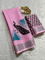 Linen Cotton Saree with Silver Zari Border & Peacock Digital Print