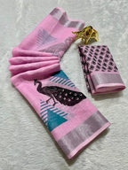 Linen Cotton Saree with Silver Zari Border & Peacock Digital Print