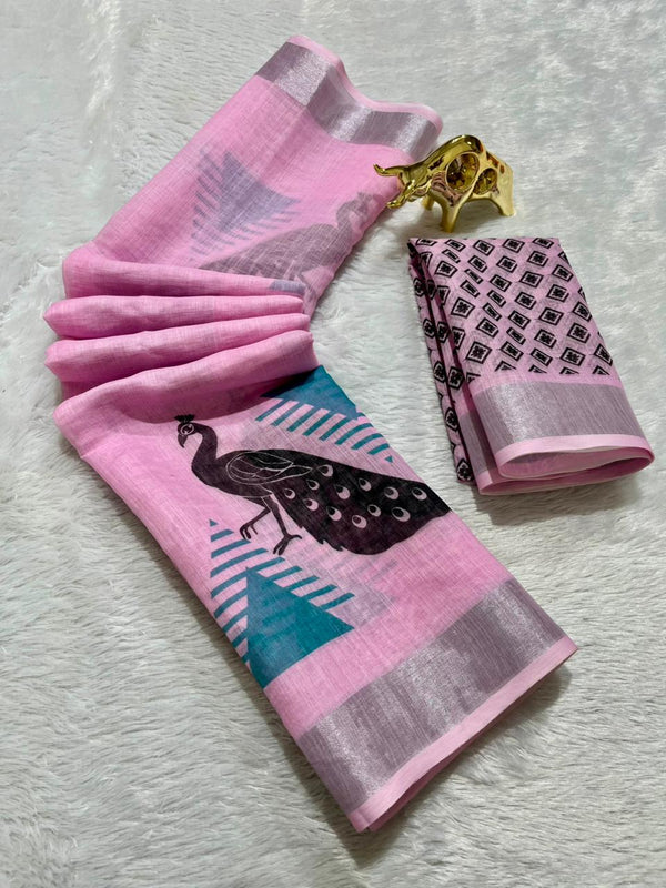 Linen Cotton Saree with Silver Zari Border & Peacock Digital Print