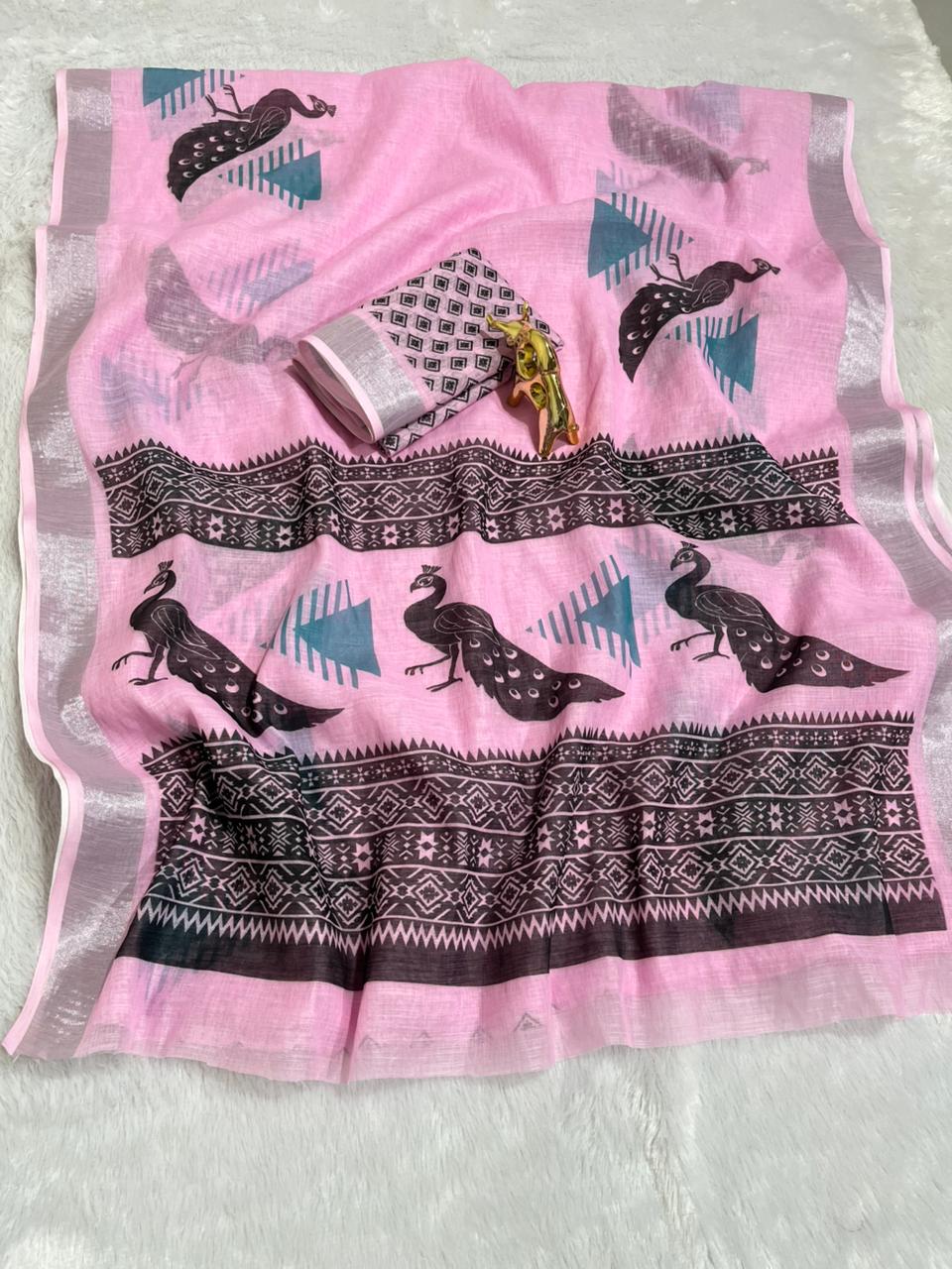 Linen Cotton Saree with Silver Zari Border & Peacock Digital Print