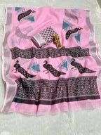 Linen Cotton Saree with Silver Zari Border & Peacock Digital Print