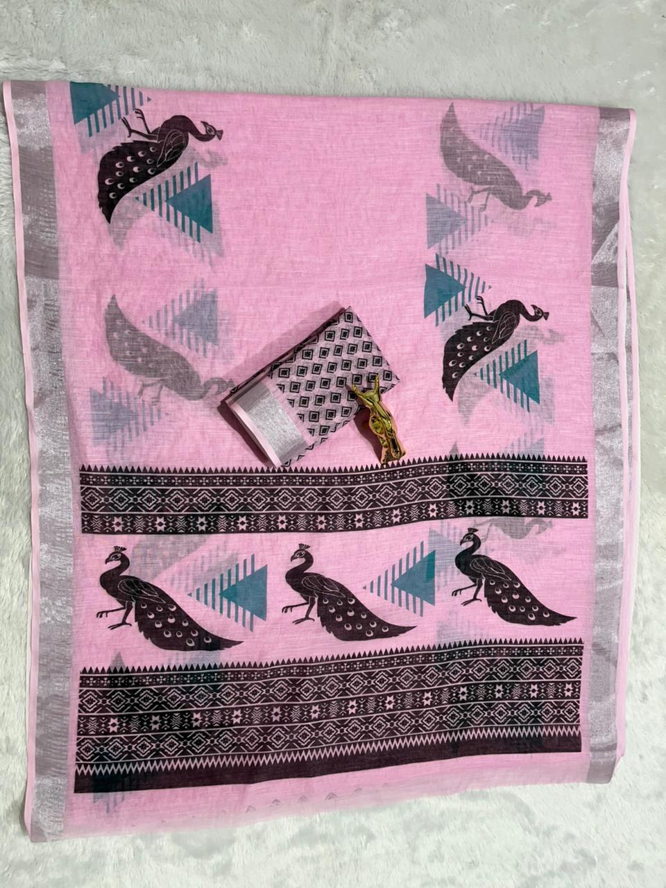 Linen Cotton Saree with Silver Zari Border & Peacock Digital Print