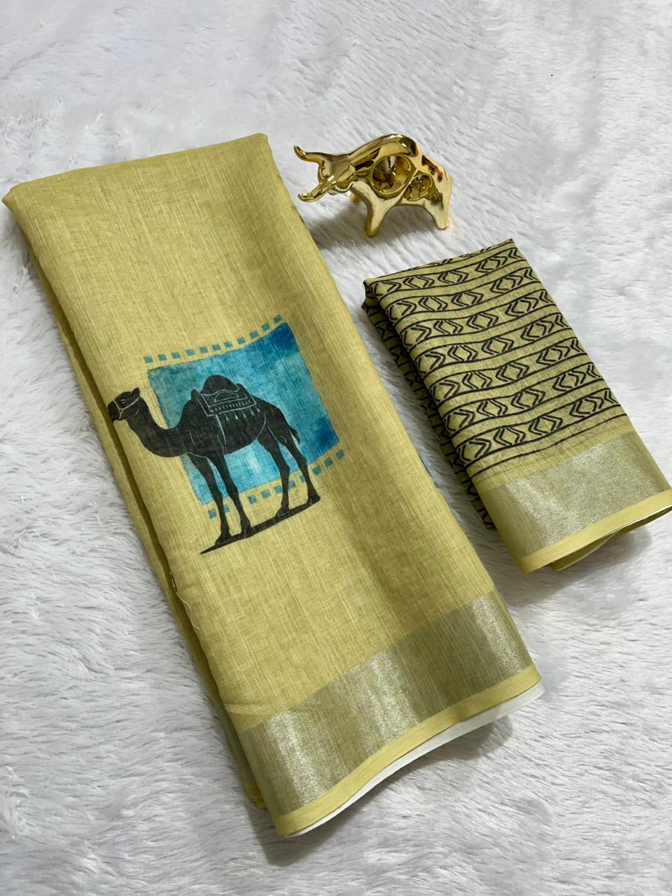 Linen Cotton Saree with Silver Zari Border & Camel Digital Print