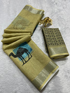 Linen Cotton Saree with Silver Zari Border & Camel Digital Print