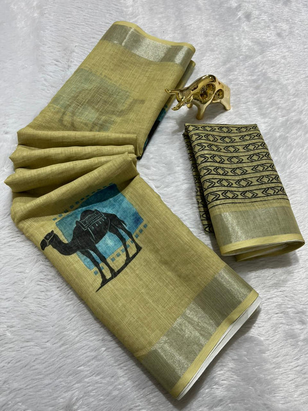 Linen Cotton Saree with Silver Zari Border & Camel Digital Print