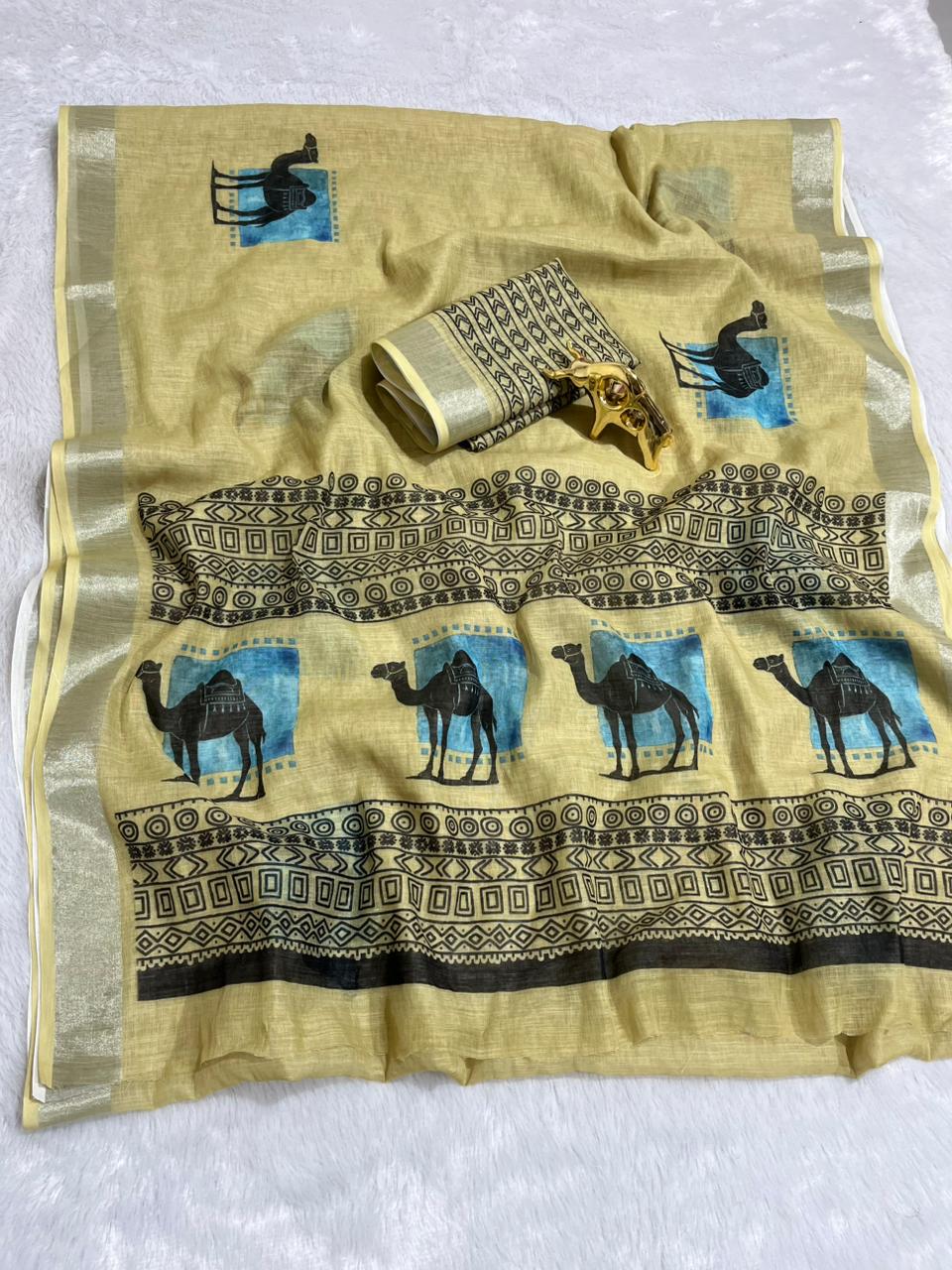 Linen Cotton Saree with Silver Zari Border & Camel Digital Print