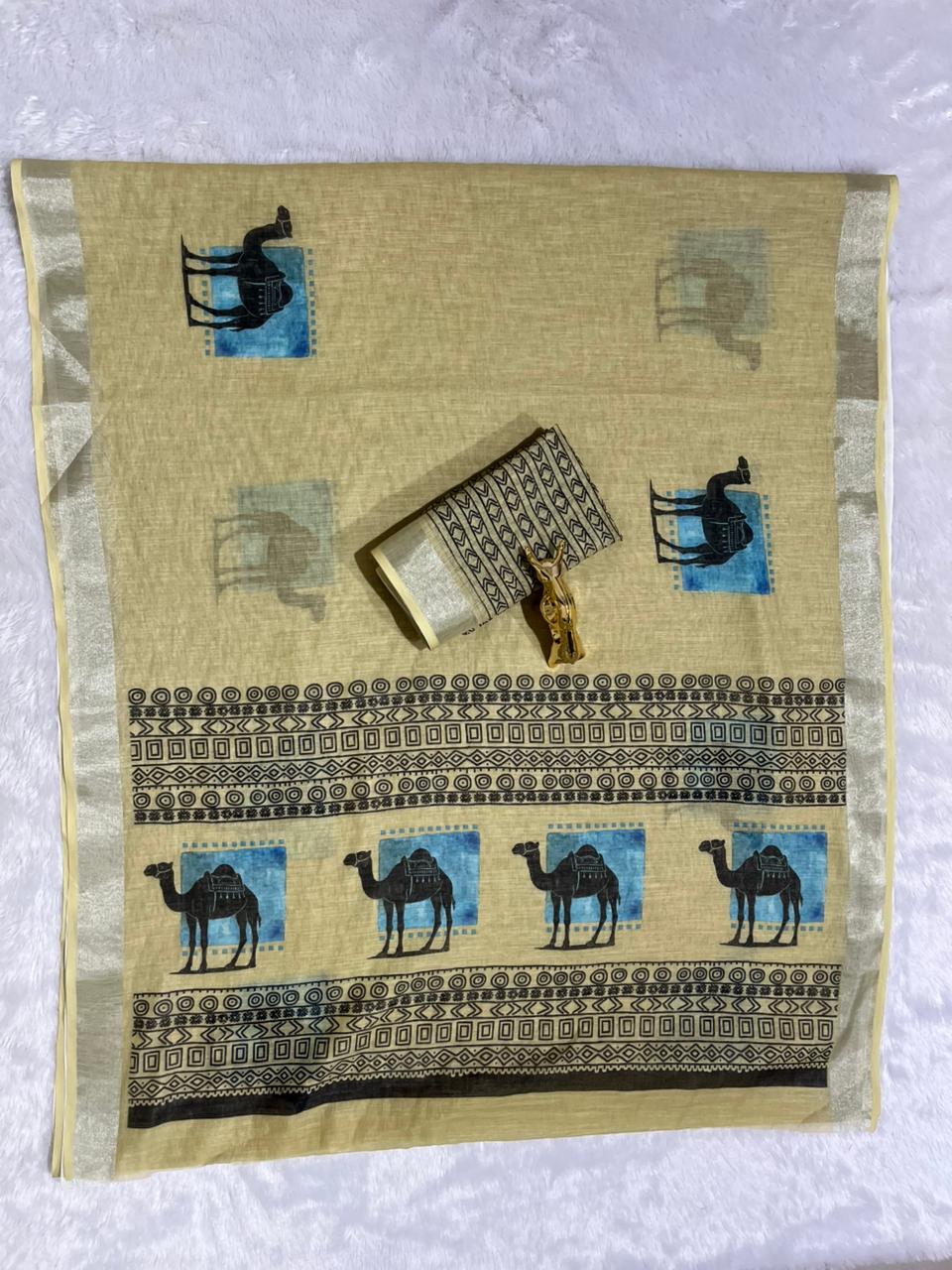 Linen Cotton Saree with Silver Zari Border & Camel Digital Print