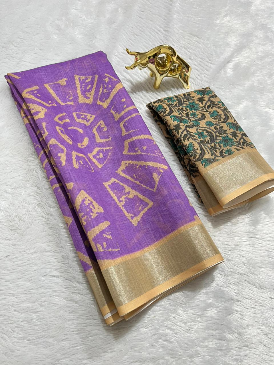 Lavender Linen Cotton Saree with Silver Zari Border, Graphic Digital Print Body & Kalamkari Floral Pallu