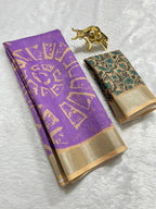 Lavender Linen Cotton Saree with Silver Zari Border, Graphic Digital Print Body & Kalamkari Floral Pallu