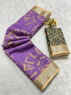 Lavender Linen Cotton Saree with Silver Zari Border, Graphic Digital Print Body & Kalamkari Floral Pallu